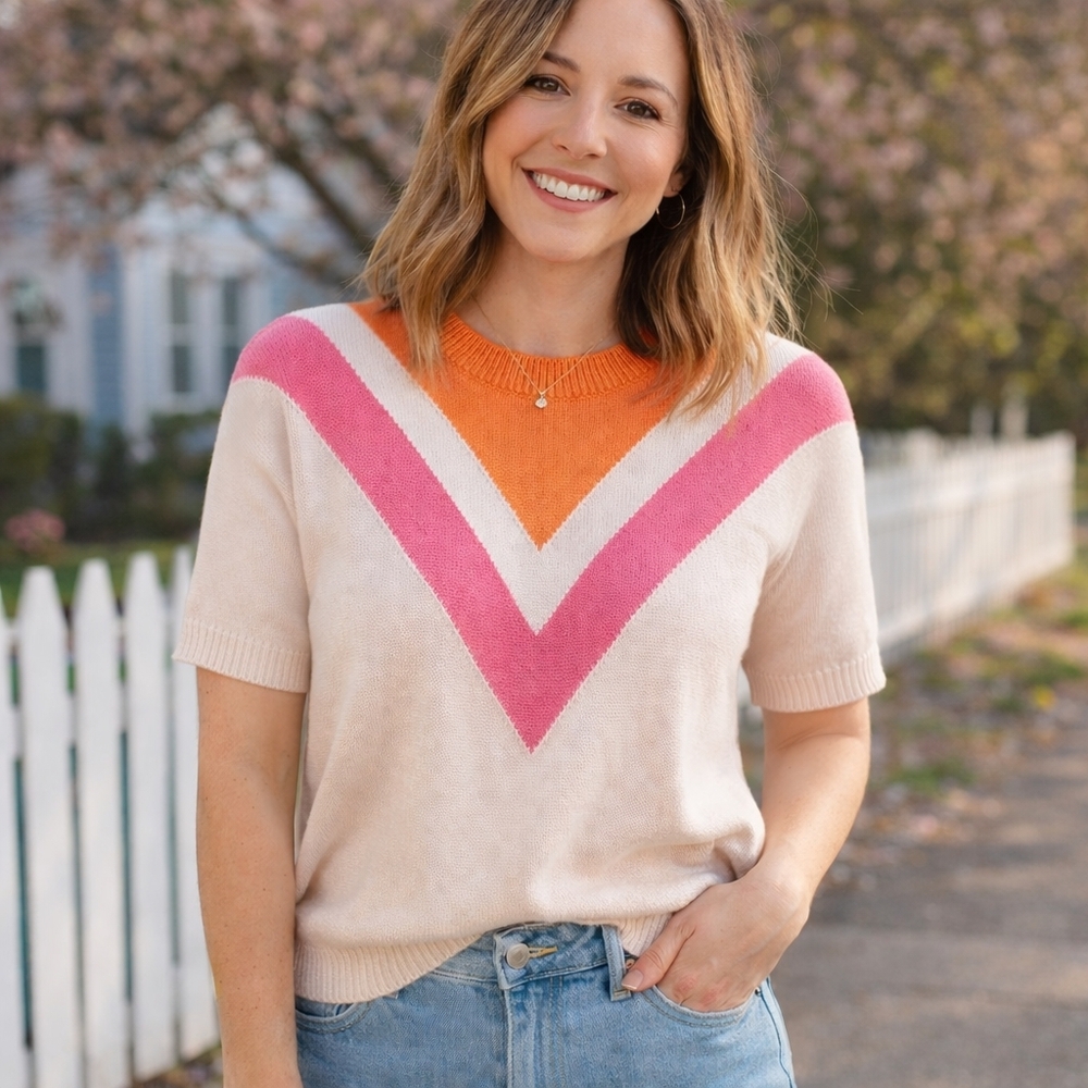 Joe Fresh Cream Orange Pink Knit Short Sleeve Sweater Retro Y2K Blouse Top Sz M